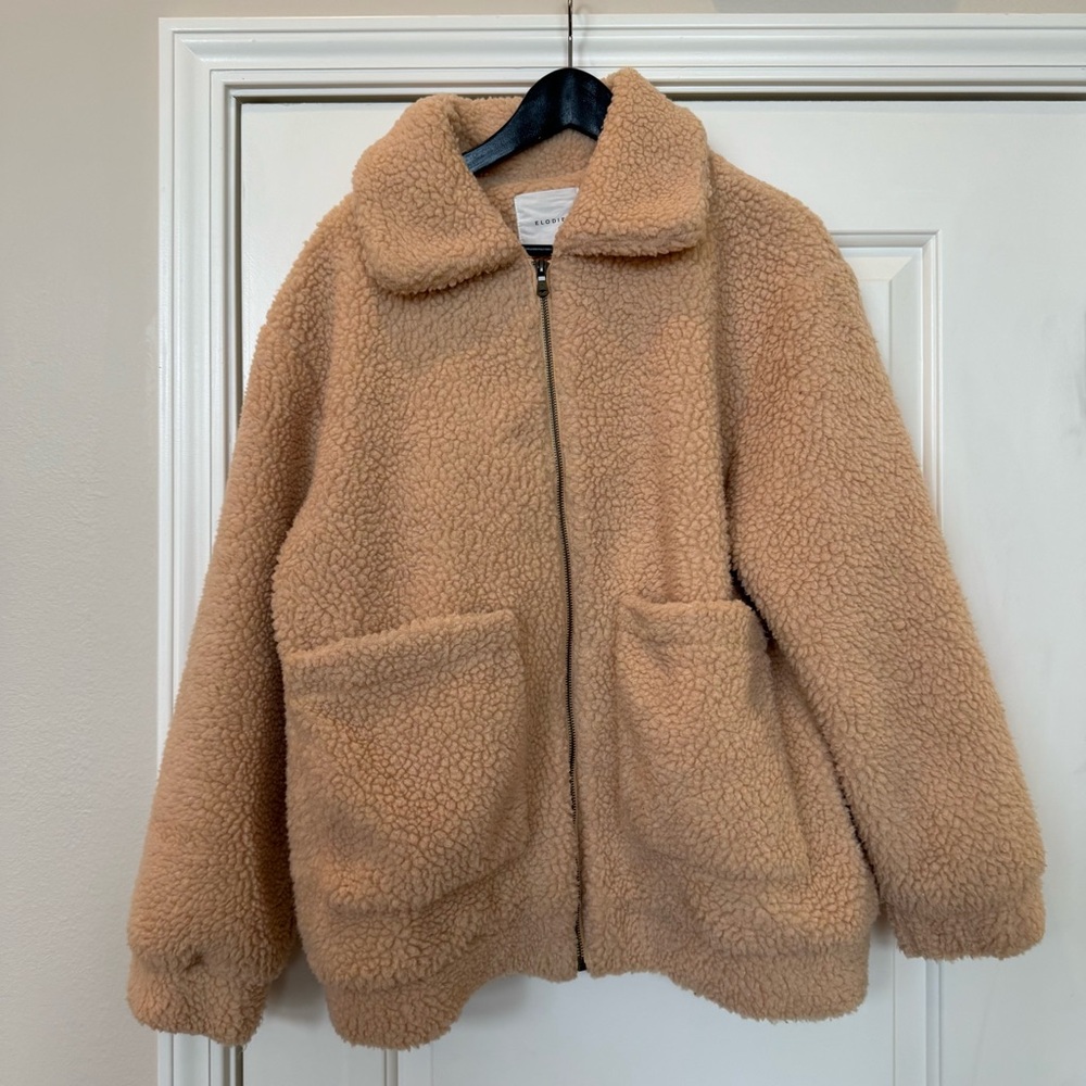 ELODIE Tan Teddy Bear Jacket Size Large Full Zip Sherpa